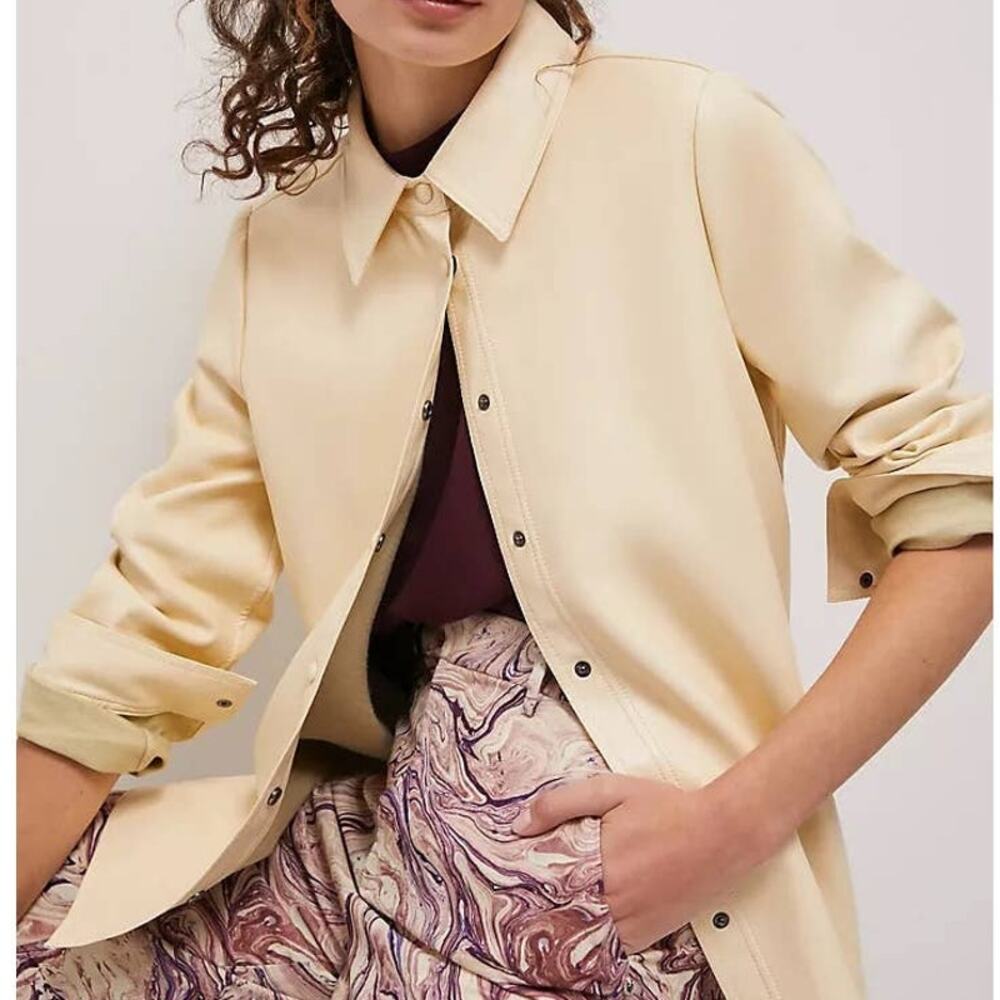 Anthropologie Tullia Creme Vegan Leather Snap Front Shirt, size Large ~ NEW